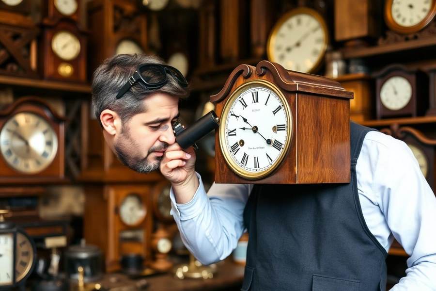 Clock technician inspecting an antique mantel clock in the Wyattviano Co. Glendale workshop