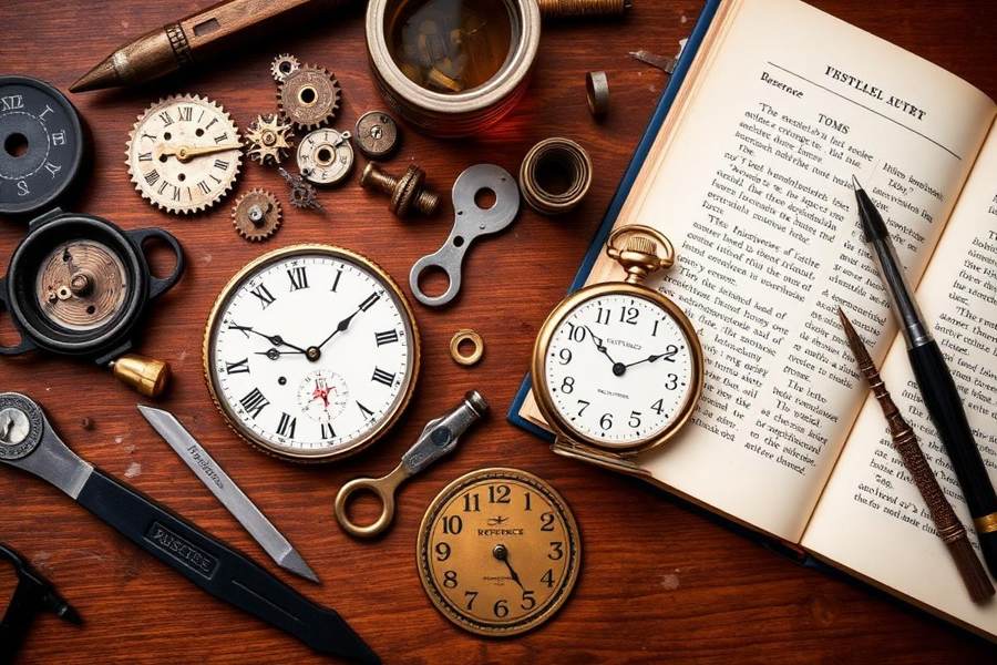 Clock repair tools and reference material illustrating clock restoration
