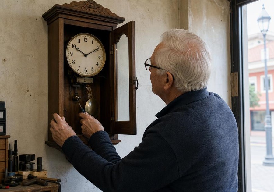 Wall Clock Repair in progress at the Wyattviano Co. workshop in Glendale, Arizona