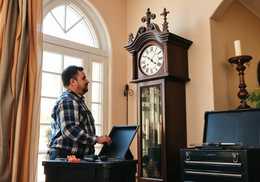 Technician performing a house call clock repair on a grandfather clock in an Arizona home