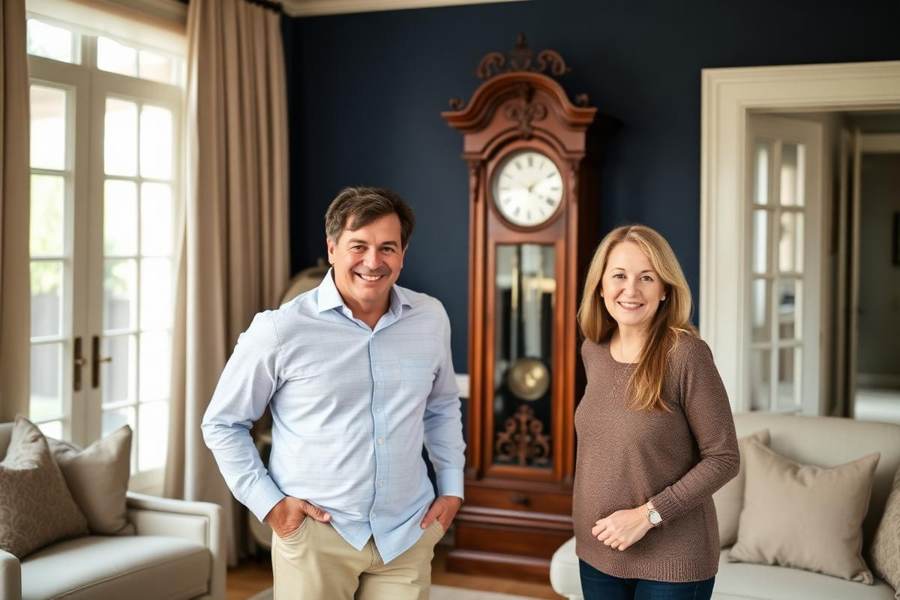 Happy customers beside a restored grandfather clock in their Arizona home